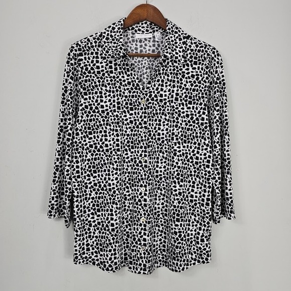 Susan Graver Liquid Knit Button Up Top Shirt Blouse Size Large Black White - Picture 1 of 9